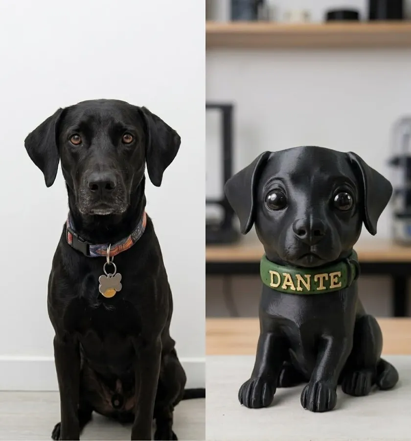 Comparación entre la mascota real y su figura impresa en 3D
