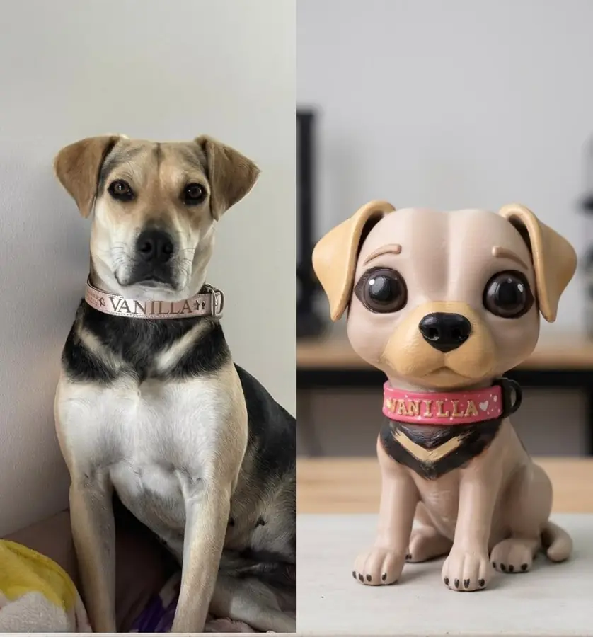 Comparación entre la mascota real y su figura impresa en 3D